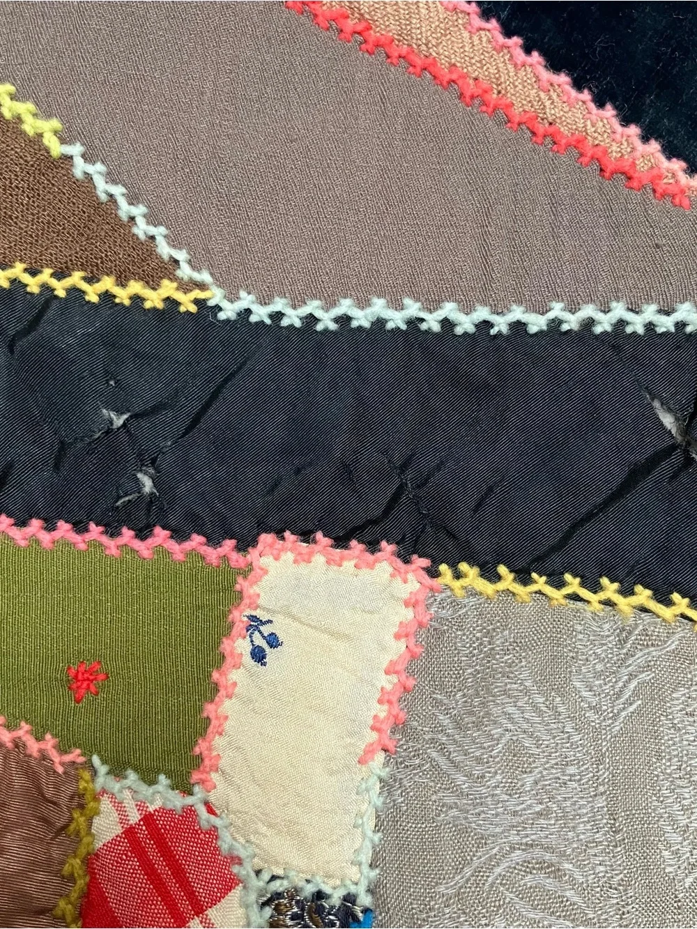 VTG Hand Pieced Embroidered Scrap Crazy 76 x 80 Quilt Farmhouse Primitive